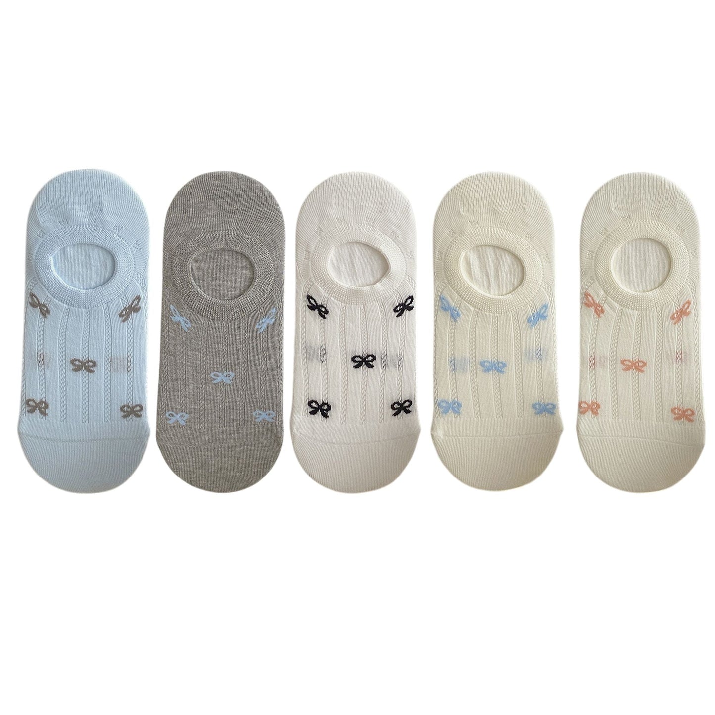 Anna-Kaci 5 Pairs Women's Bow Pattern Low Cut No Show Socks Breathable Mesh Knit Anti-Slip Design Multiple Color Options