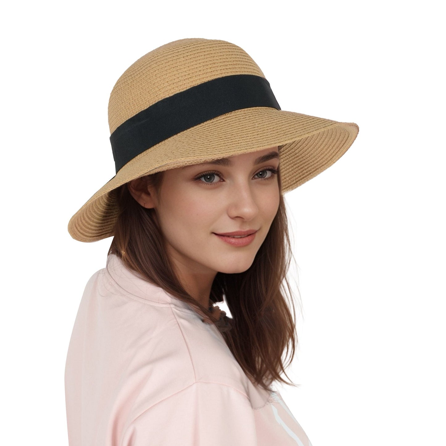 Anna-Kaci Wide Brim Straw Sun Hat with Black Ribbon Bow Adjustable Chin Strap Inner Sweatband for Outdoor and Travel Use