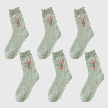 Anna-Kaci Women's Sheer Floral Embroidered Ankle Socks with Ruffle Cuff 6Pk