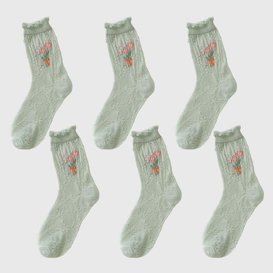 Anna-Kaci Women's Sheer Floral Embroidered Ankle Socks with Ruffle Cuff 6Pk