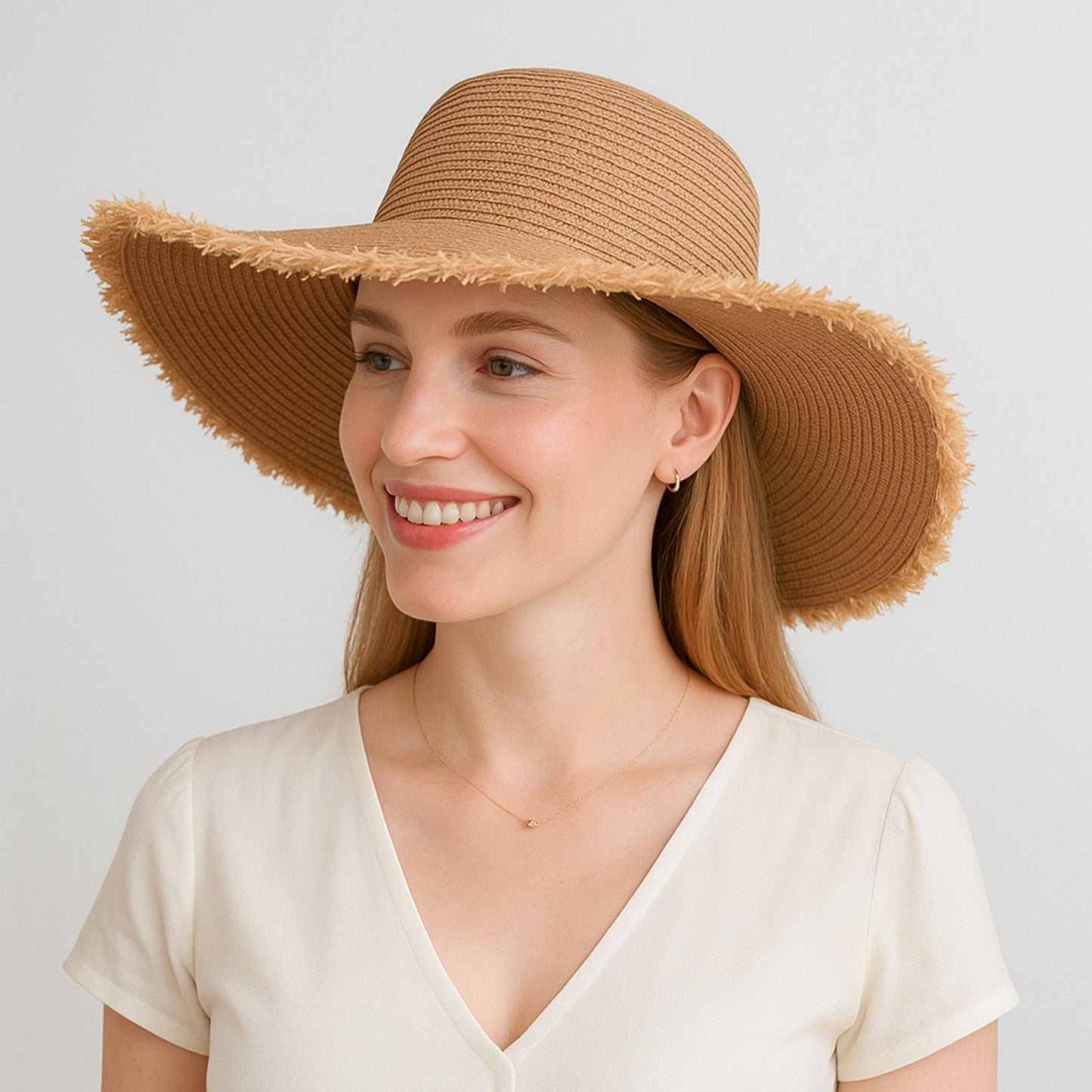 Anna-Kaci Wide Brim Straw Floppy Hat with Frayed Edges Lightweight Sun Protection for Beach Vacation Outdoor Travel Style