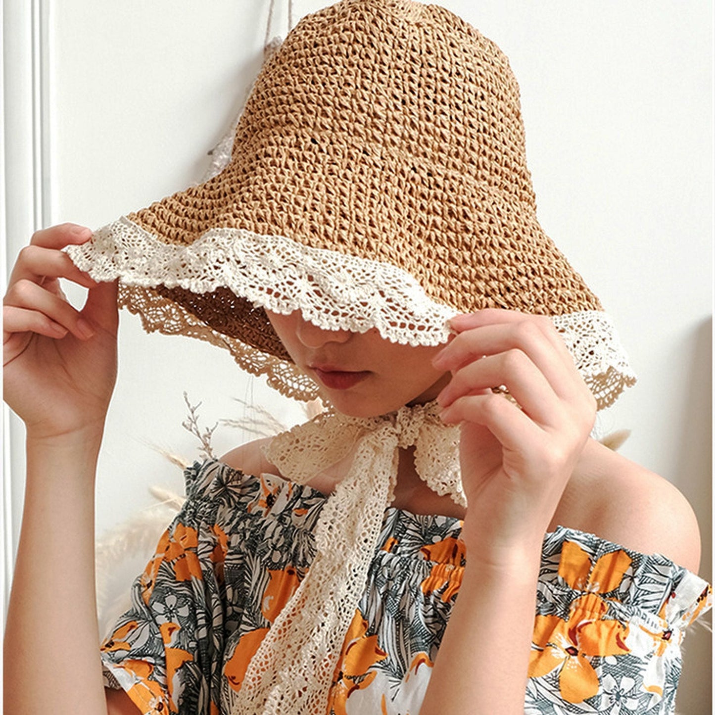 Anna-Kaci Women's Crochet Straw Hat with Lace Trim and Bow Detail