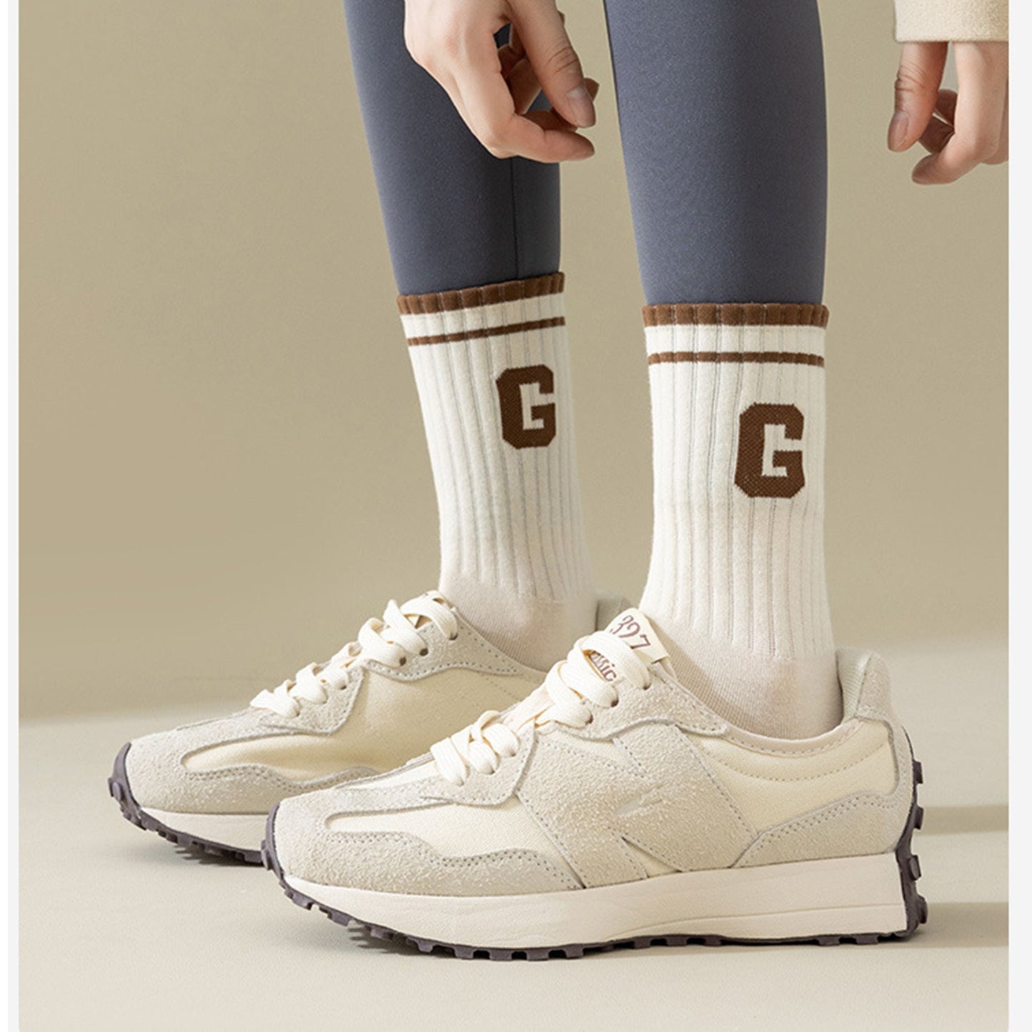 Anna-Kaci Women's 4-Pair Pack Ribbed Cotton Crew Socks with Striped Cuffs and G Letter Detail in Neutral Athletic Color Combinations