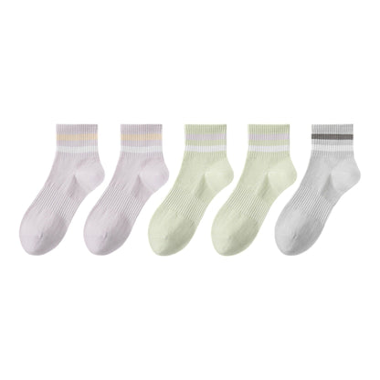 Anna-Kaci 5 Pairs Women Cotton Ankle Socks with Pastel Striped Cuffs Soft Breathable Knit Fabric for Everyday Comfort