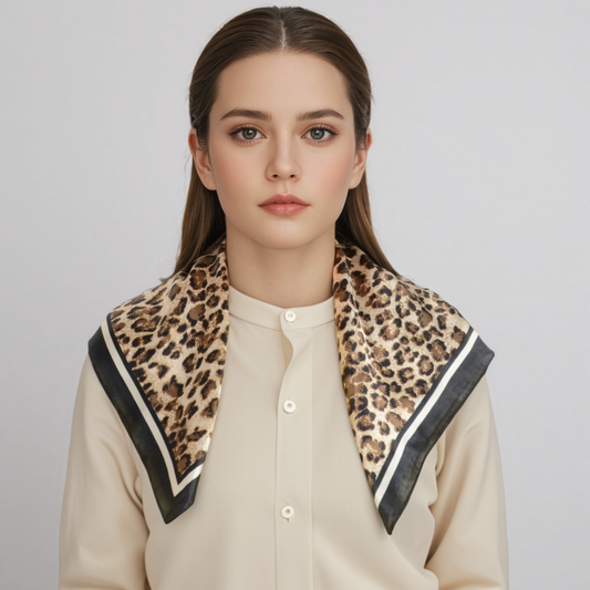 Anna-Kaci Women's Leopard Print Square Scarf with Contrast Border Satin Feel Lightweight Neck Accessory