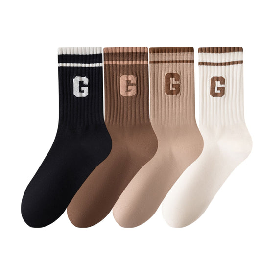 Anna-Kaci Women's 4-Pair Pack Ribbed Cotton Crew Socks with Striped Cuffs and G Letter Detail in Neutral Athletic Color Combinations