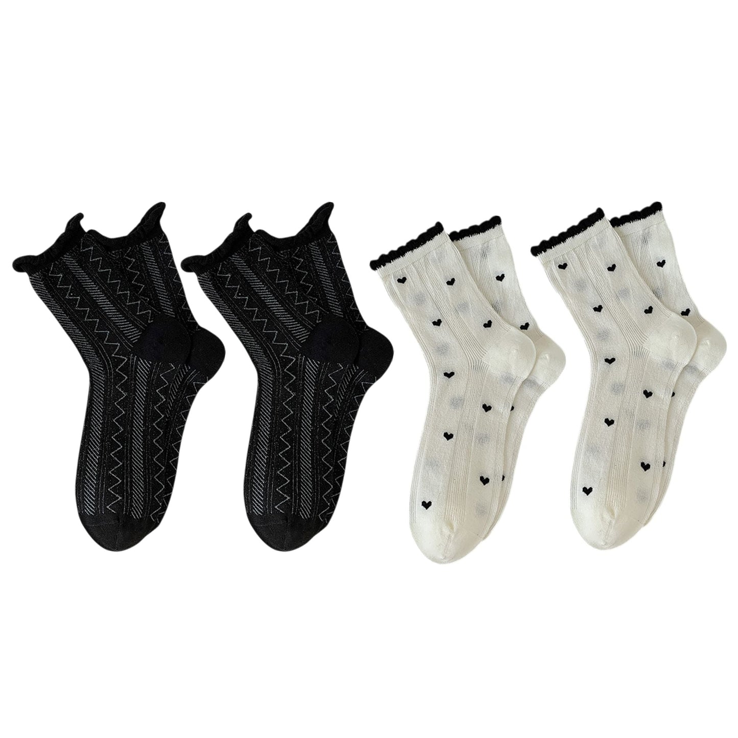 Anna-Kaci 4 Pairs Women's Crew Socks with Black and White Patterns Soft Cotton Texture Heart and Stripe for Flats and Dress Shoes