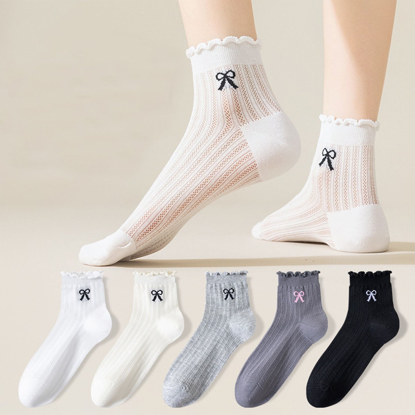 Anna-Kaci Women's 4-Pair Pack Sheer Ribbed Ankle Socks with Ruffled Trim and Embroidered Bow Detail in Multiple Color Combinations