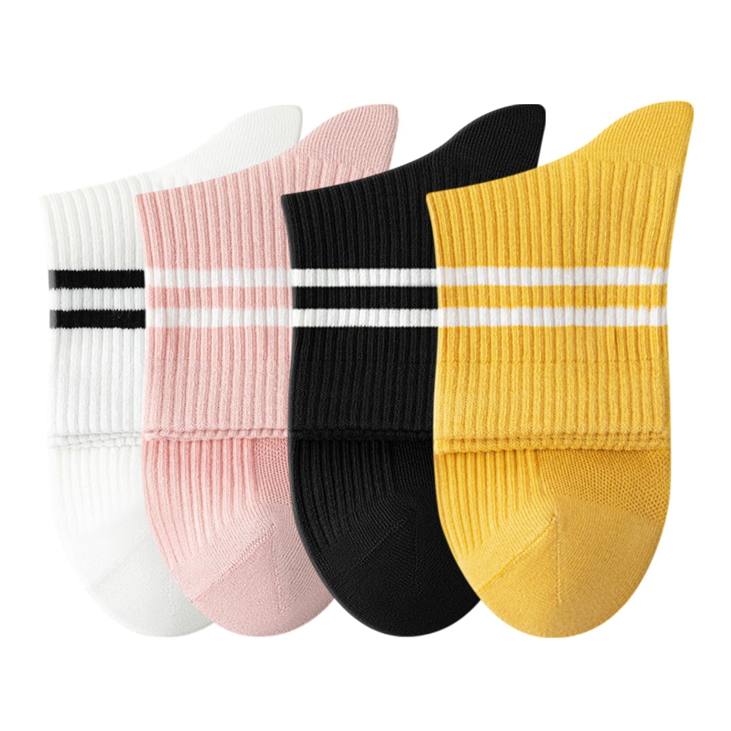 Anna-Kaci Womens Athletic Crew Socks 4-Pack Ribbed Knit Design Contrast Double Stripe Stretch Comfort Everyday Fit