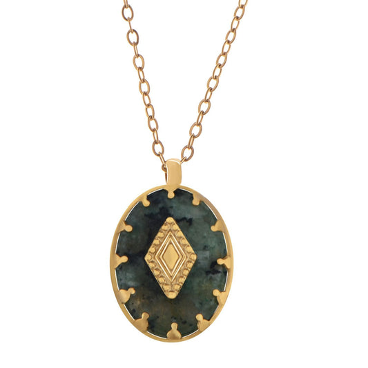 Women's Stainless Steel Necklace with 18K Gold Plated Pendant, Natural Green Stone Inlay, Adjustable Chain, Unique Design