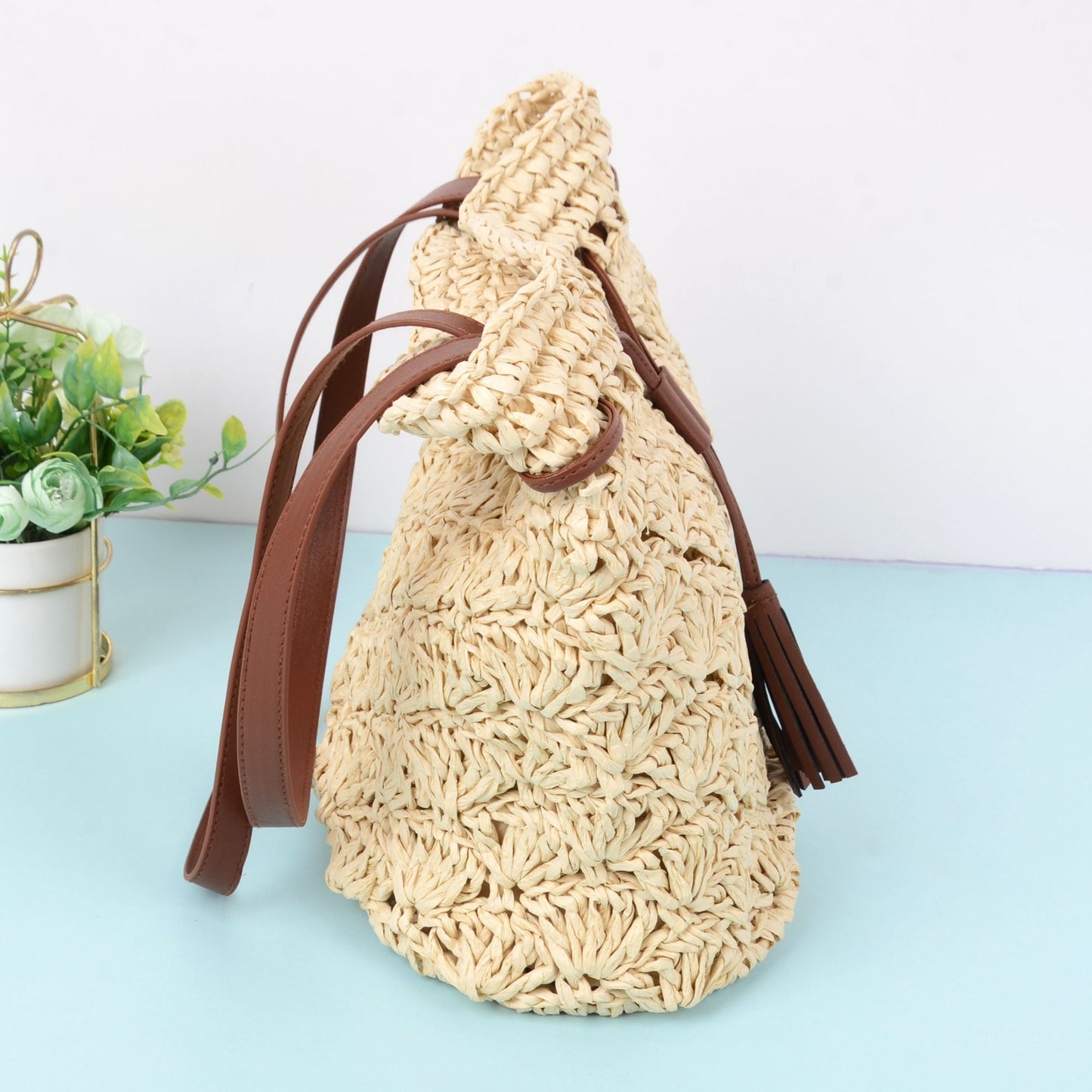 Anna-Kaci Women's Rustic Straw Shoulder Bag with Leather Accents