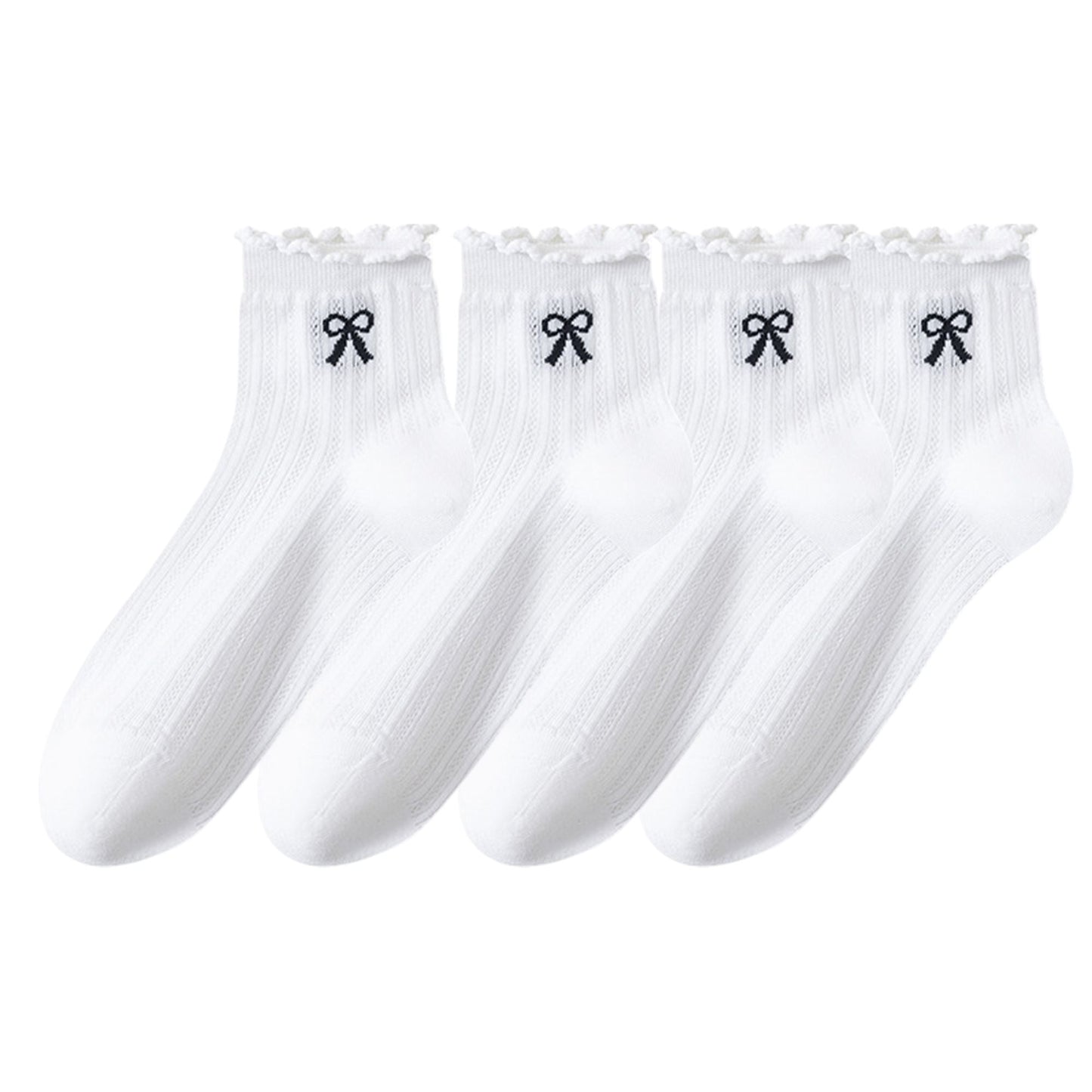 Anna-Kaci Women's 4-Pair Pack Sheer Ribbed Ankle Socks with Ruffled Trim and Embroidered Bow Detail in Multiple Color Combinations