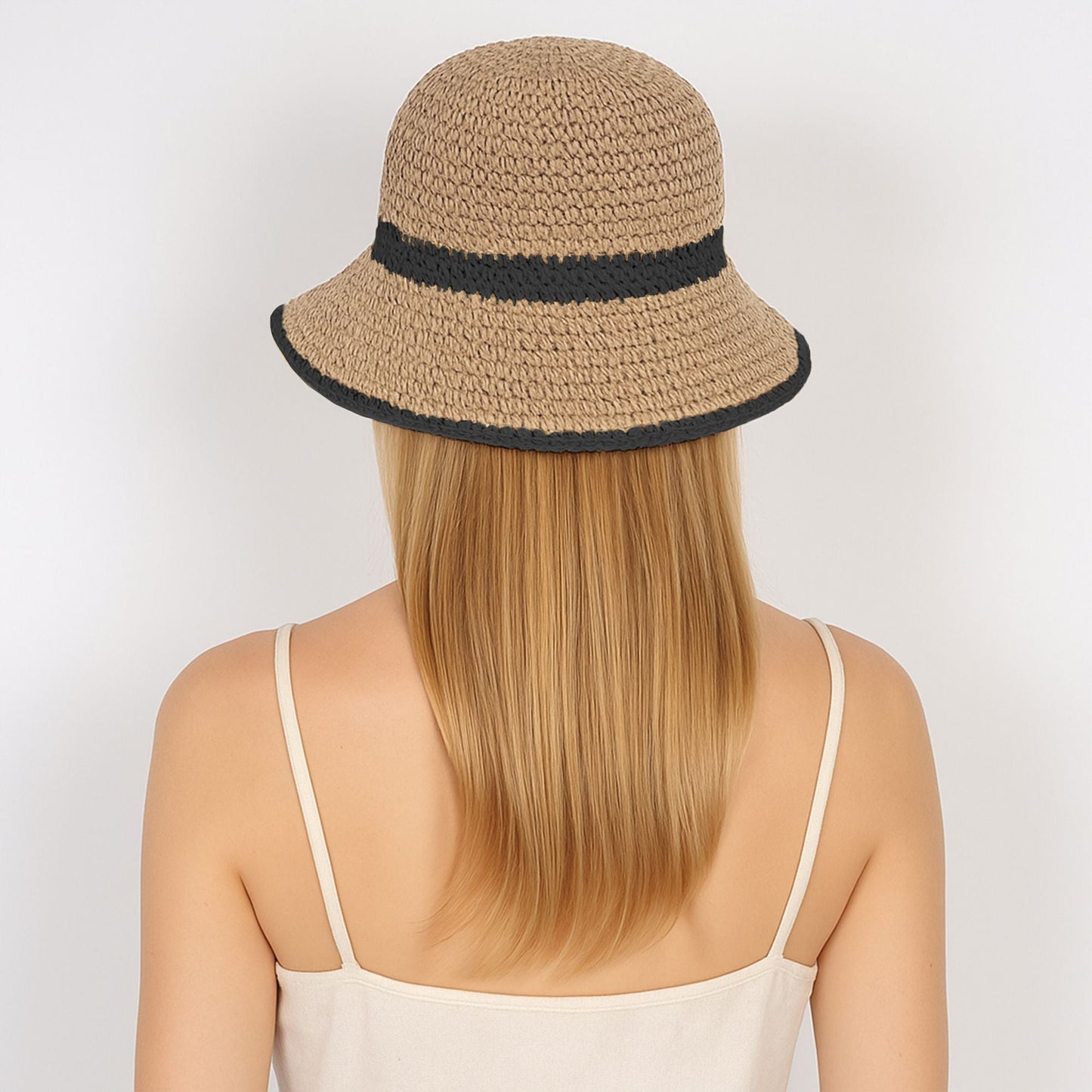 Anna-Kaci Packable Crochet Straw Bucket Hat with Two-Tone Design Lightweight Summer Sun Hat for Beach Travel Hiking Outdoor Use