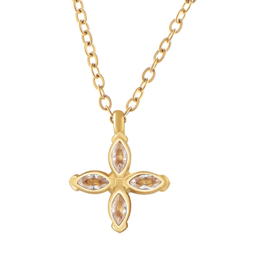 Women's Stainless Steel Necklace with 18K Gold Plated Cross Pendant, Clear Zircon Accents, Adjustable Chain, Modern Design