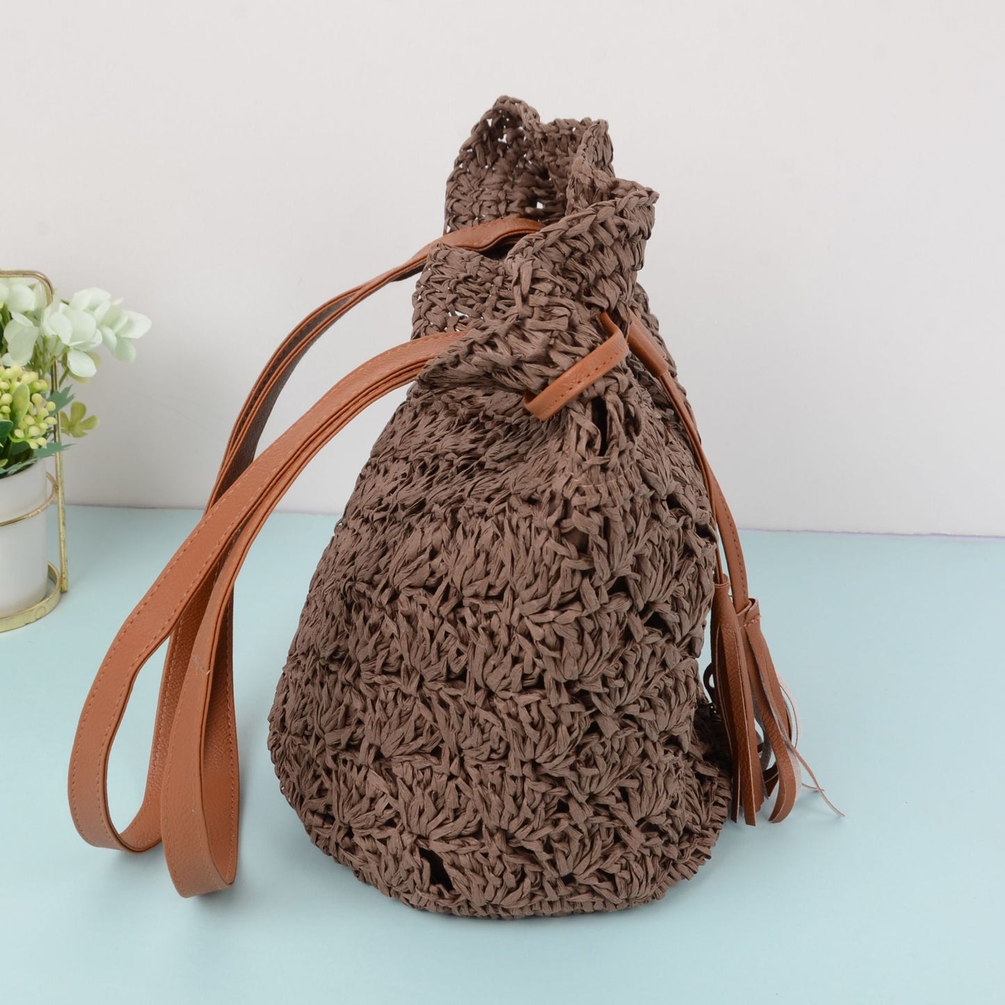 Anna-Kaci Women's Rustic Straw Shoulder Bag with Leather Accents