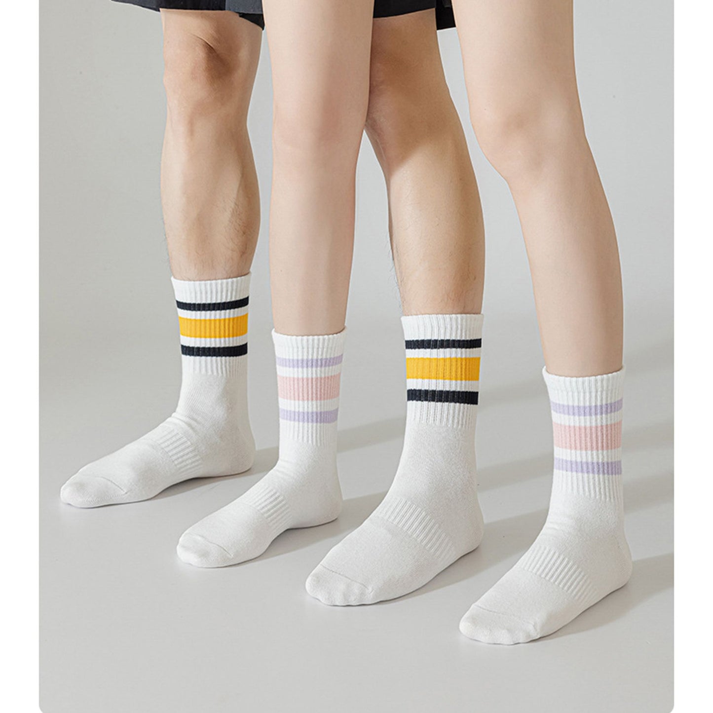 Anna-Kaci Crew Socks 4-Pack White Base Colorful Ribbed Cuff Striped Design Stretch Comfort Breathable Fit