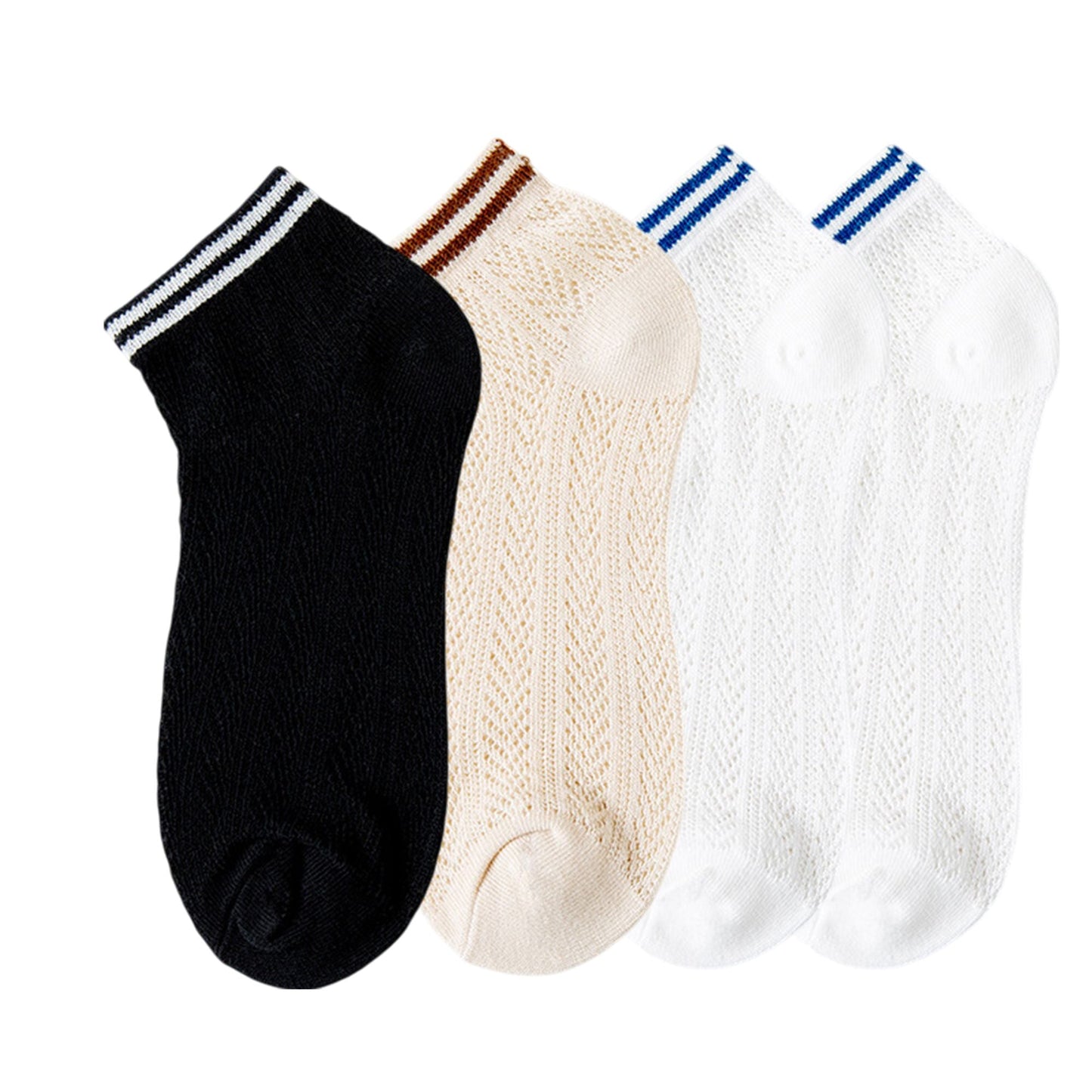 Anna-Kaci Women's 4-Pair Pack Lightweight Mesh Ankle Socks with Striped Cuffs Breathable Knit Texture