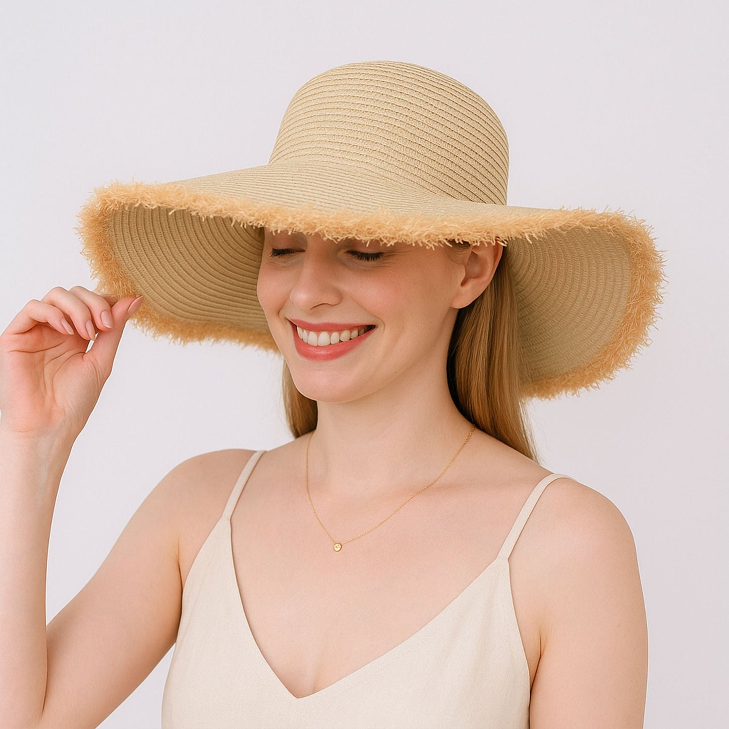 Anna-Kaci Wide Brim Straw Floppy Hat with Frayed Edges Lightweight Sun Protection for Beach Vacation Outdoor Travel Style