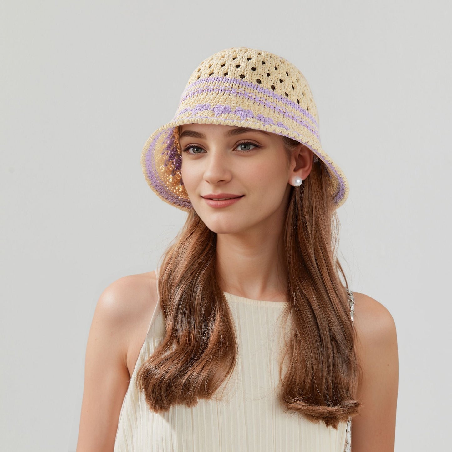 Anna-Kaci Crochet Knit Bucket Hat with Openwork Floral Pattern and Rolled Brim for Lightweight Summer Style