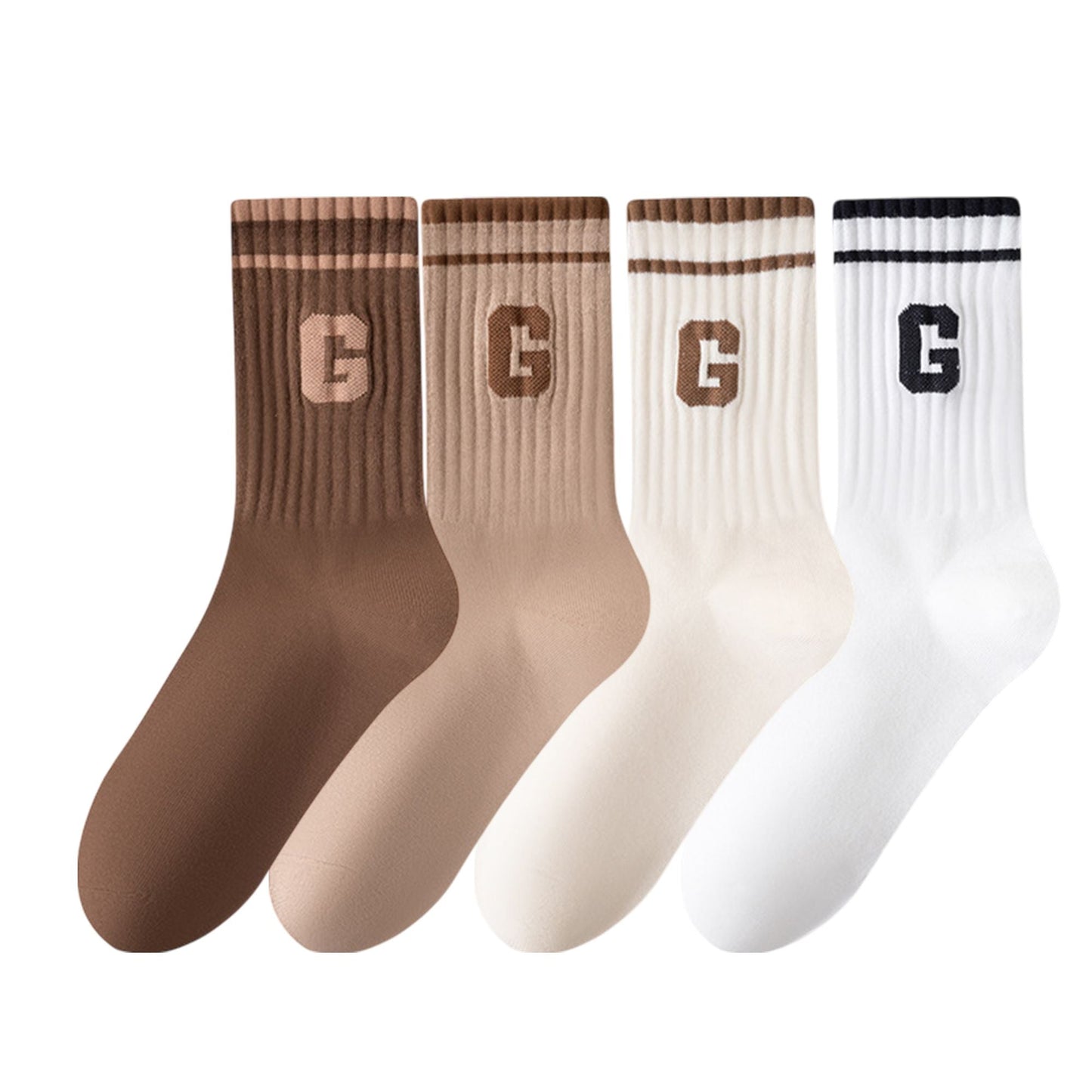 Anna-Kaci Women's 4-Pair Pack Ribbed Cotton Crew Socks with Striped Cuffs and G Letter Detail in Neutral Athletic Color Combinations