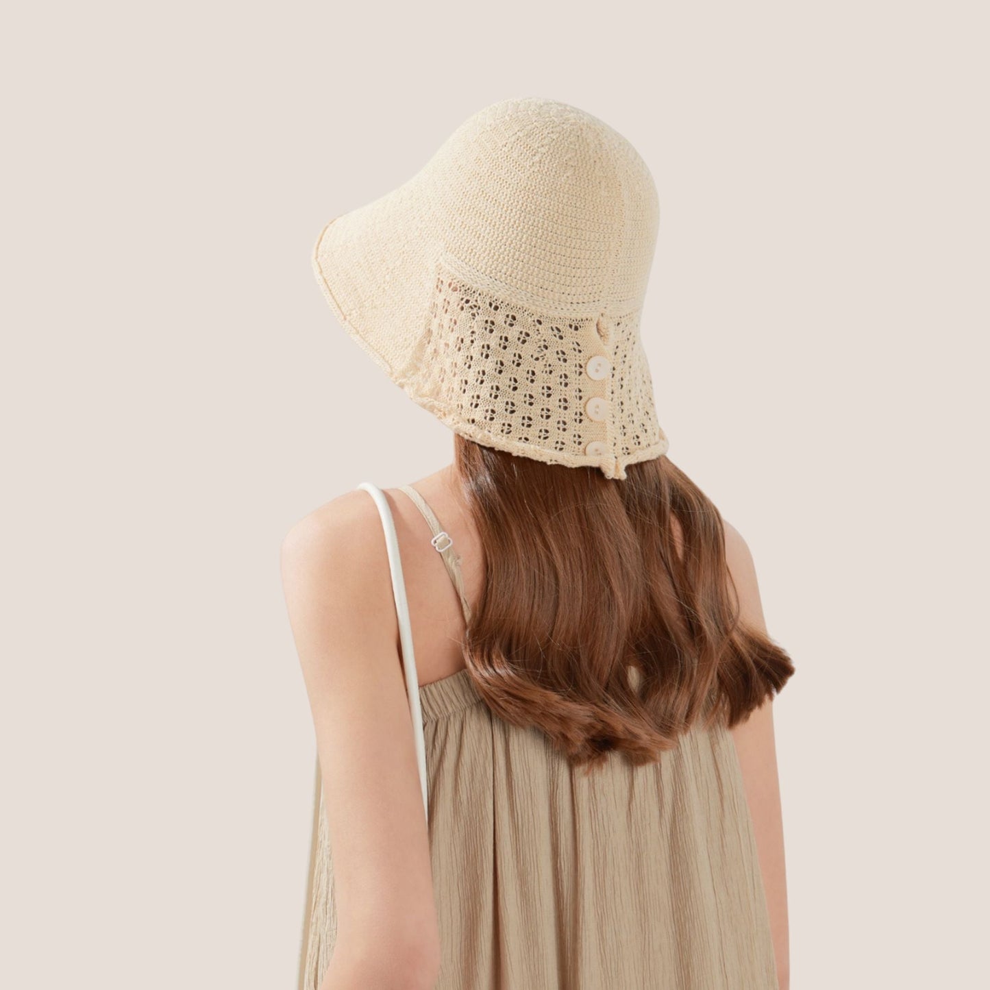 Anna-Kaci Crochet Bucket Hat with Adjustable Chin Strap and Back Button Eyelet Panel for Sun Protection