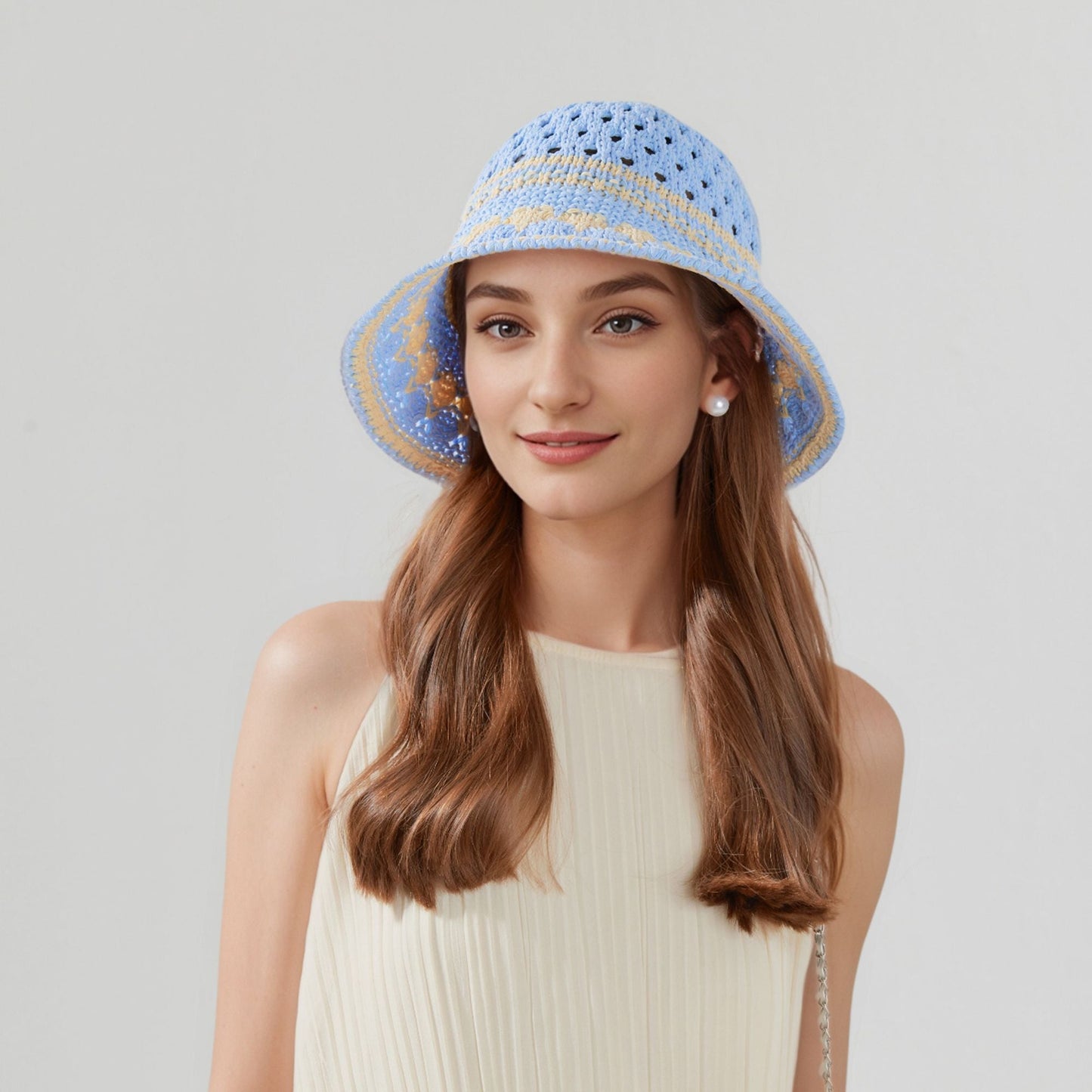 Anna-Kaci Crochet Knit Bucket Hat with Openwork Floral Pattern and Rolled Brim for Lightweight Summer Style