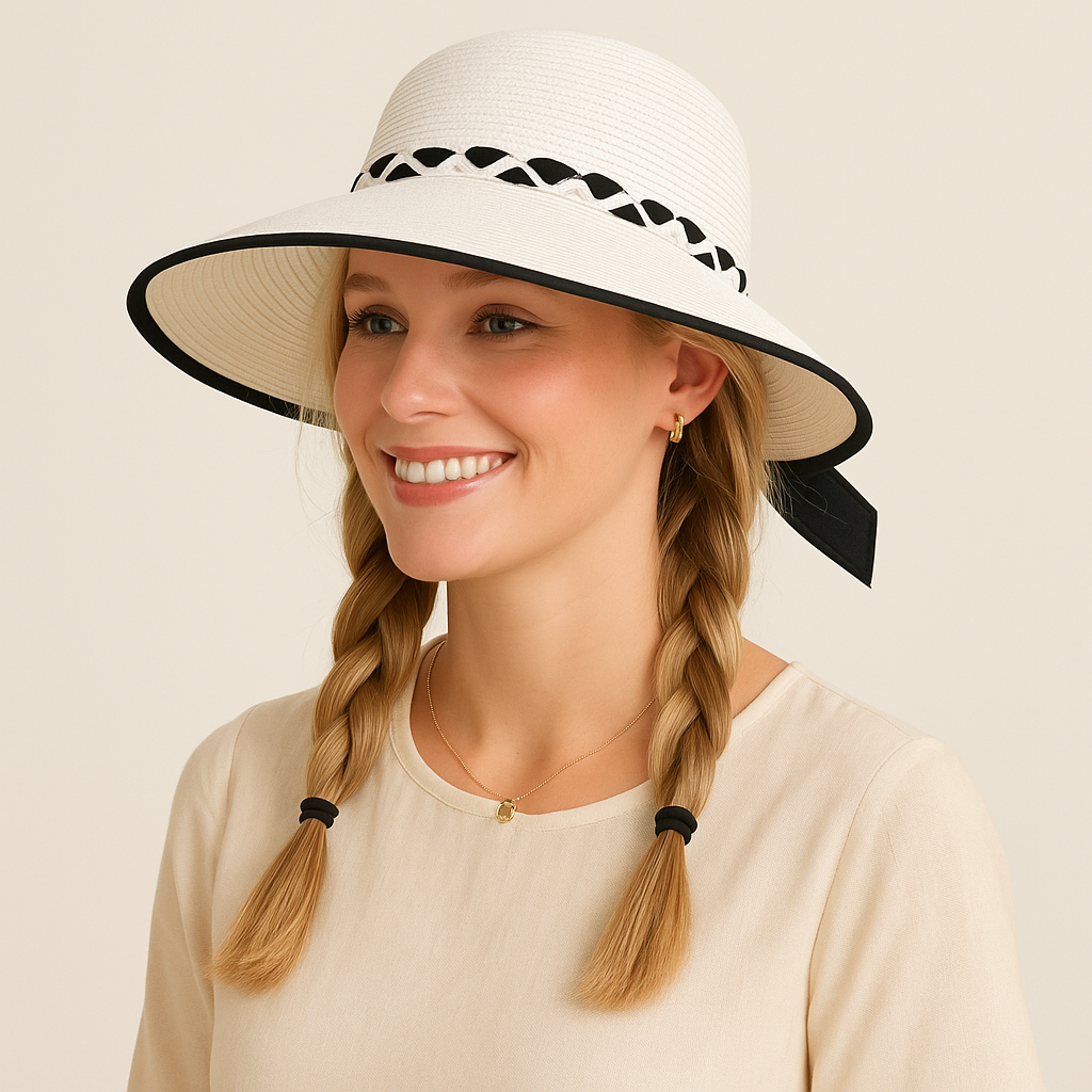 Anna-Kaci Women's Wide Brim Straw Hat with Braided Band and Contrast Bow Detail