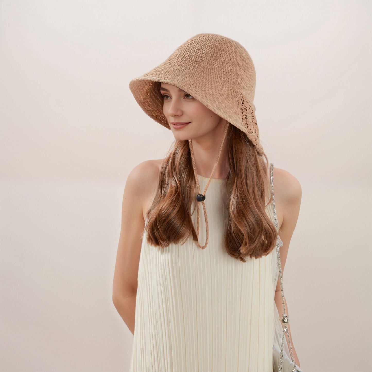 Anna-Kaci Crochet Bucket Hat with Adjustable Chin Strap and Back Button Eyelet Panel for Sun Protection