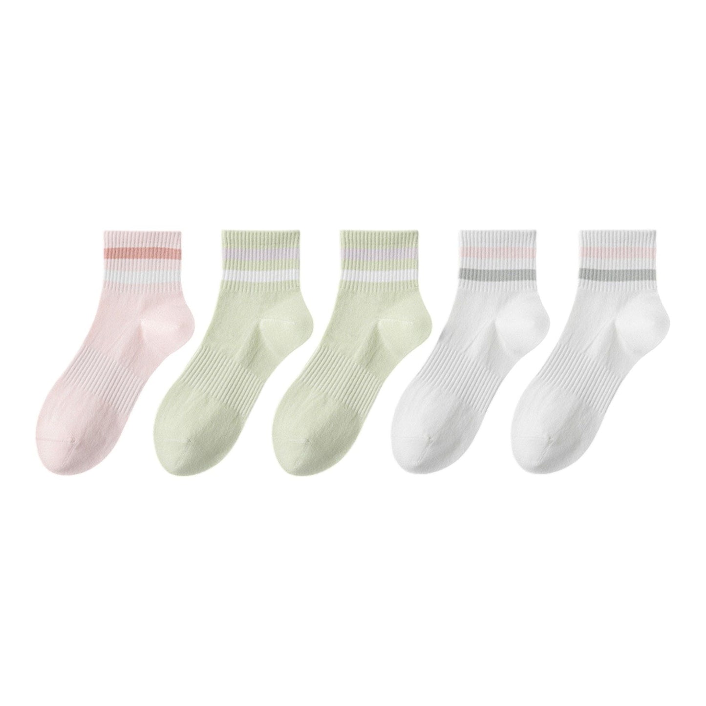 Anna-Kaci 5 Pairs Women Cotton Ankle Socks with Pastel Striped Cuffs Soft Breathable Knit Fabric for Everyday Comfort