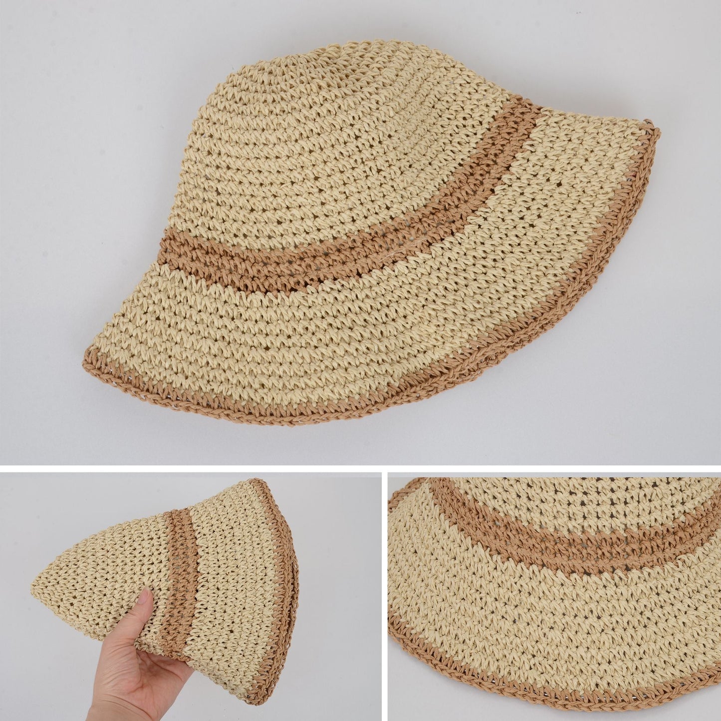 Anna-Kaci Packable Crochet Straw Bucket Hat with Two-Tone Design Lightweight Summer Sun Hat for Beach Travel Hiking Outdoor Use
