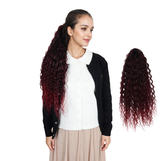 Alilang 22-Inch Long Curly Black Drawstring Ponytail Extension for Women Soft Synthetic Wavy Clip-In Hairpiece