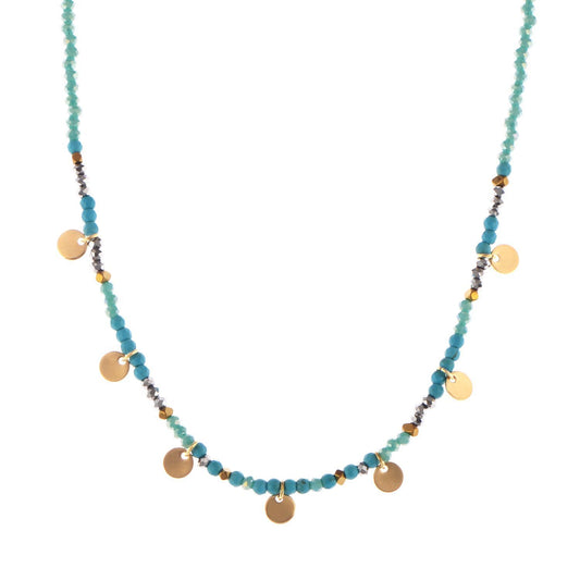 Women's Stainless Steel Beaded Necklace with 18K Gold Plated Discs, Adjustable Length, Colorful and Boho Chic Design