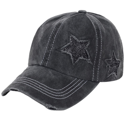 Women's Baseball Cap Glitter Star Distressed Ponytail Hat High Messy Bun Ponycap Trucker Dad Hat
