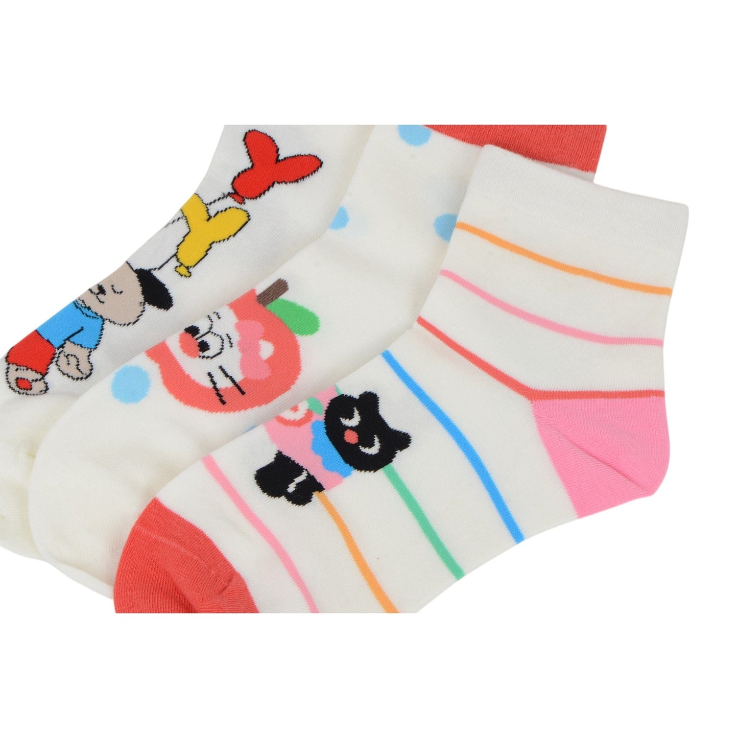Anna-Kaci Renaissance Women 3-Pair Ankle Socks Set Assorted Patterns Featuring Colorblock, Cartoon Characters, and Butterfly Prints