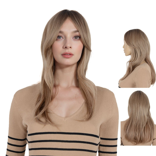 Alilang 22 Inch Long Curly Wig with Bangs Long Haired Wig for Women Curtain Bangs Synthetic Layered Wig Long Wavy Wig