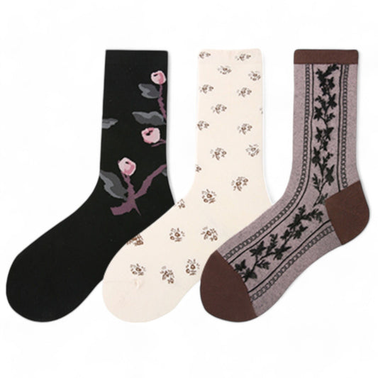 Alilang Women's 3-Pack Patterned Crew Socks with Vintage Embroidered Floral and Abstract Prints