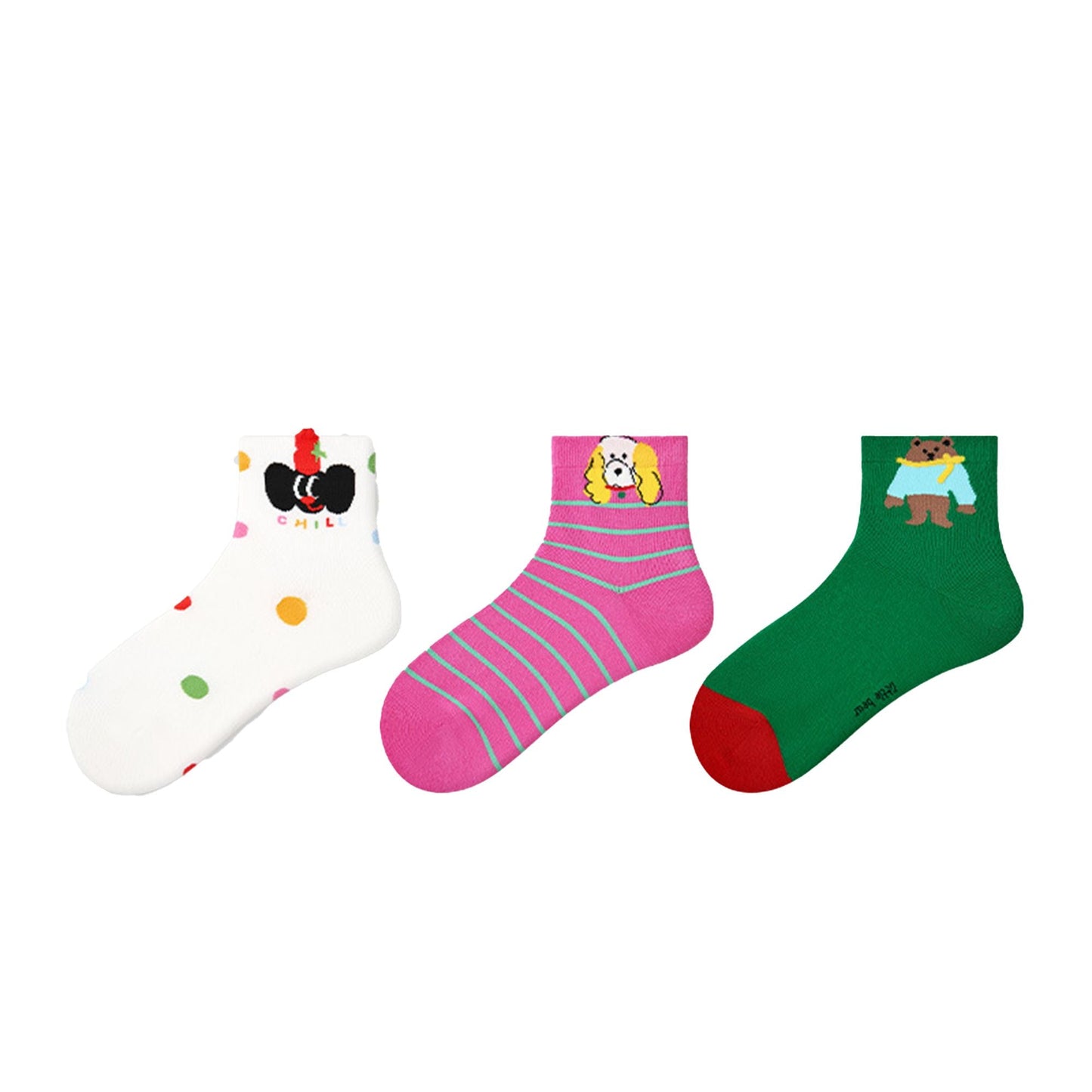 Anna-Kaci Renaissance Women 3-Pair Ankle Socks Set Assorted Patterns Featuring Colorblock, Cartoon Characters, and Butterfly Prints