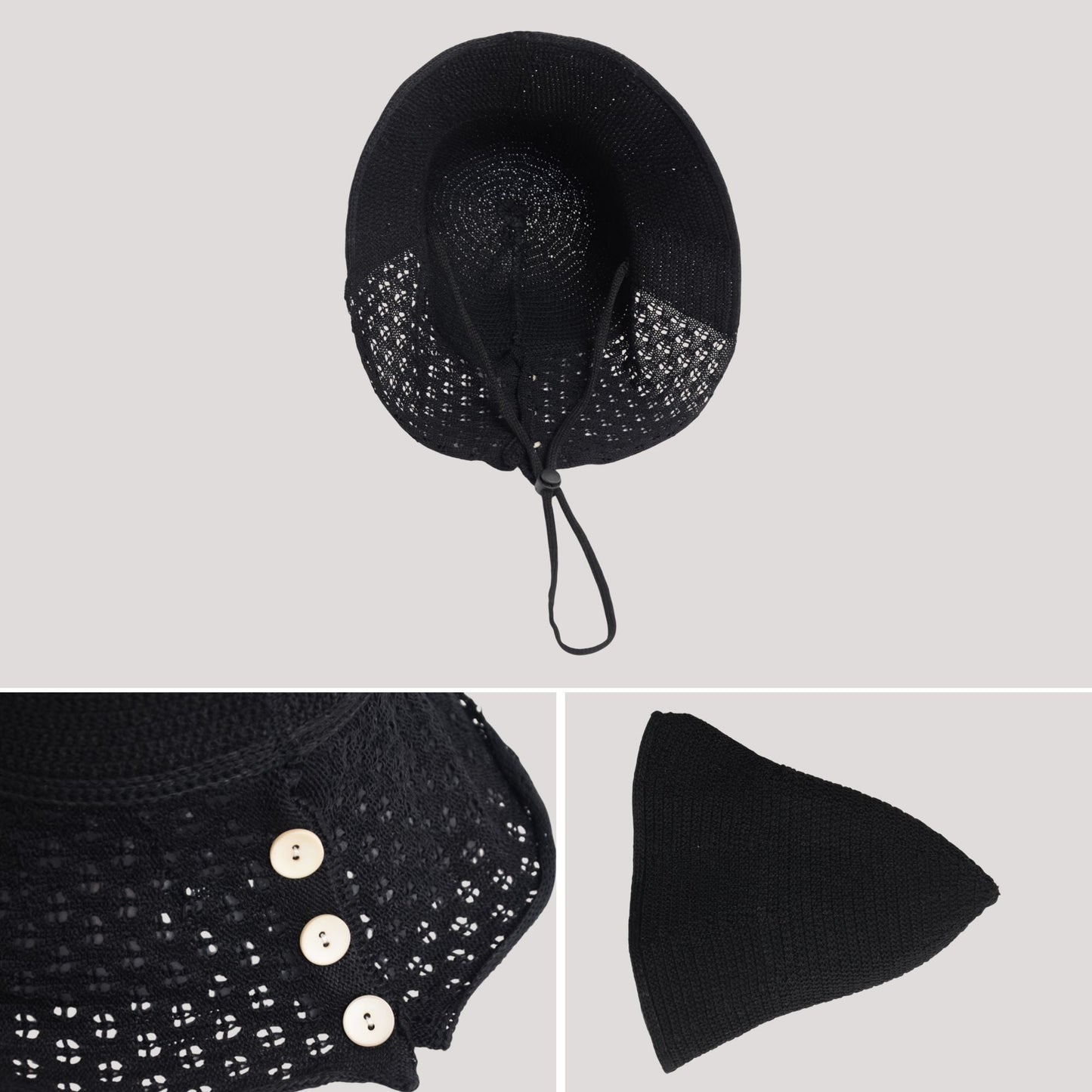 Anna-Kaci Crochet Bucket Hat with Adjustable Chin Strap and Back Button Eyelet Panel for Sun Protection