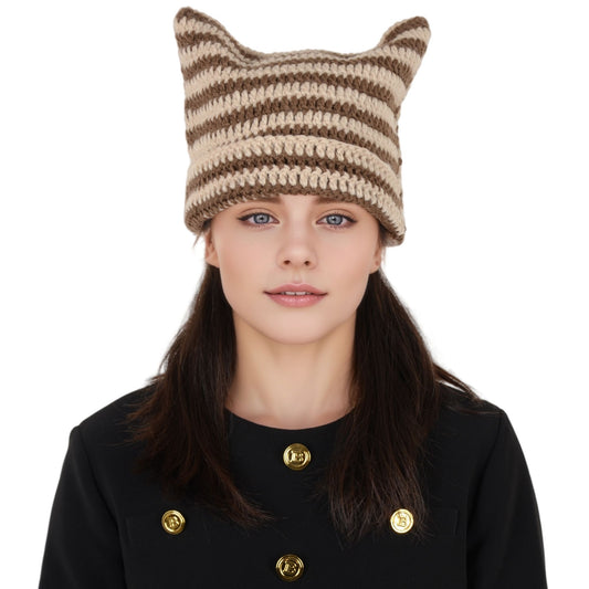 Alilang Vintage Crochet Hats Cute Cat Ear Striped Slouchy Beanies Cap for Women and Grey