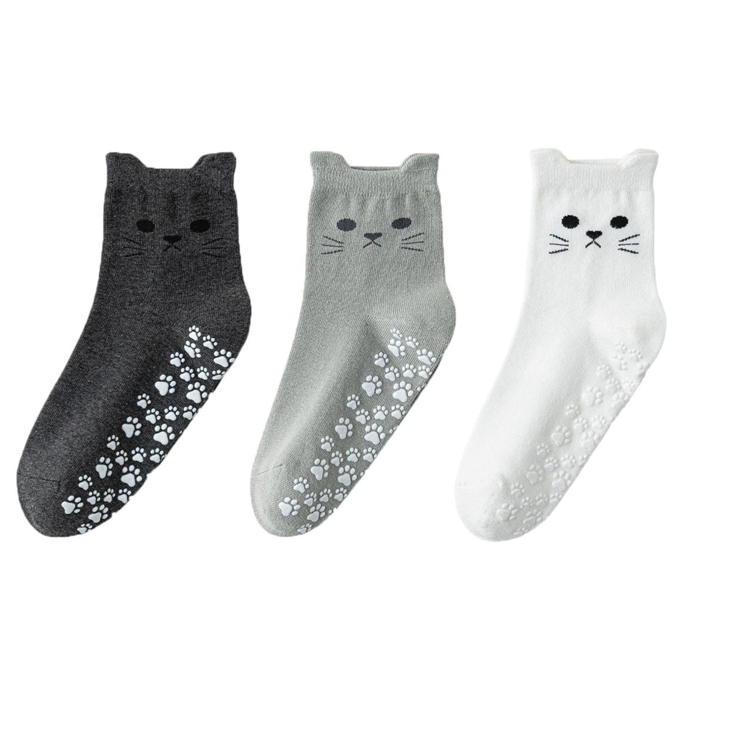 Anna-Kaci Women's Cat Face Grip Socks with Paw Print Anti-Slip Sole Soft Knit Ankle Socks for Home or Yoga 3-Pack