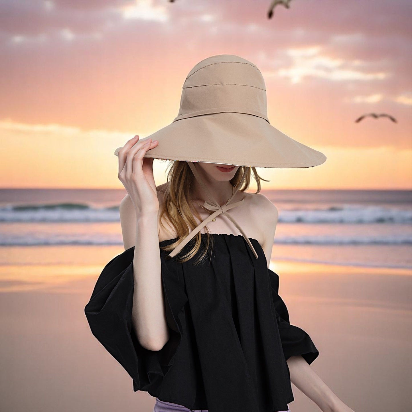 Anna-Kaci Wide Brim Sun Hat with Ponytail Hole Neck Tie Closure and Patterned Lining for UV Protection and Outdoor Style