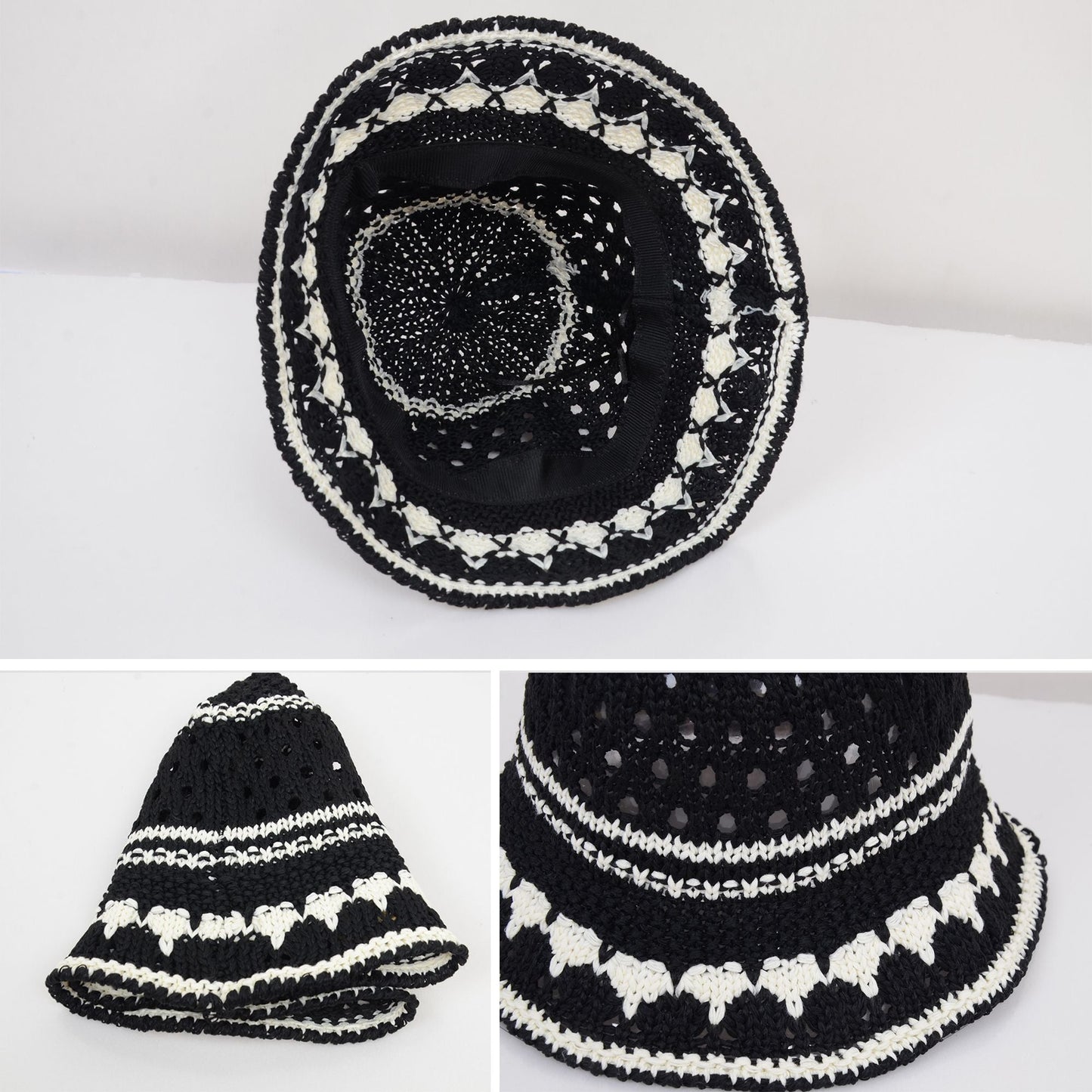 Anna-Kaci Crochet Knit Bucket Hat with Openwork Floral Pattern and Rolled Brim for Lightweight Summer Style