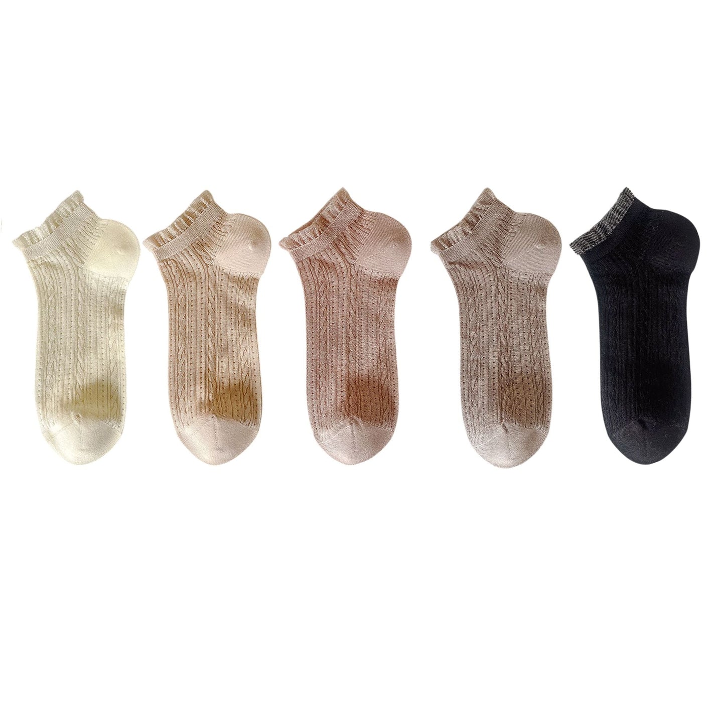 Anna-Kaci 5 Pairs Women's Ruffle Cuff Lace Knit Ankle Socks Breathable Soft Stretch Fabric with Multiple Color Options