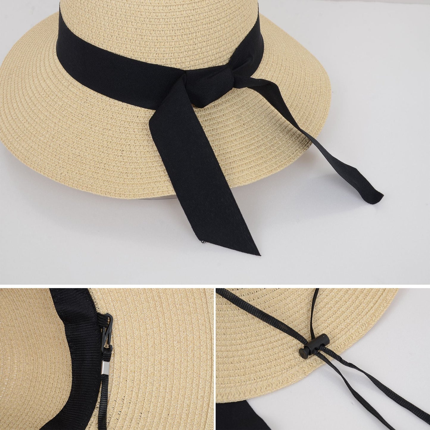 Anna-Kaci Wide Brim Straw Sun Hat with Black Ribbon Bow Adjustable Chin Strap Inner Sweatband for Outdoor and Travel Use