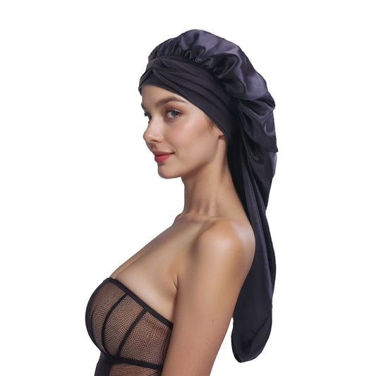 Satin Long Bonnet Sleep Cap with Stretch Turban Band for Hair Protection and Moisture Retention