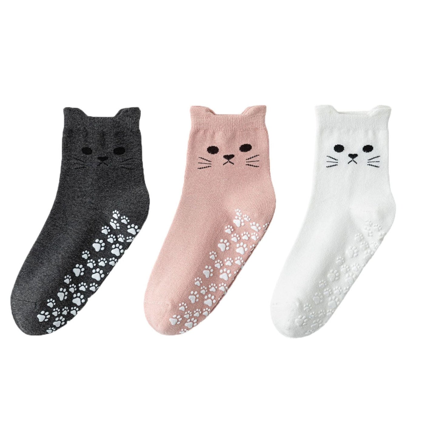 Anna-Kaci Women's Cat Face Grip Socks with Paw Print Anti-Slip Sole Soft Knit Ankle Socks for Home or Yoga 3-Pack