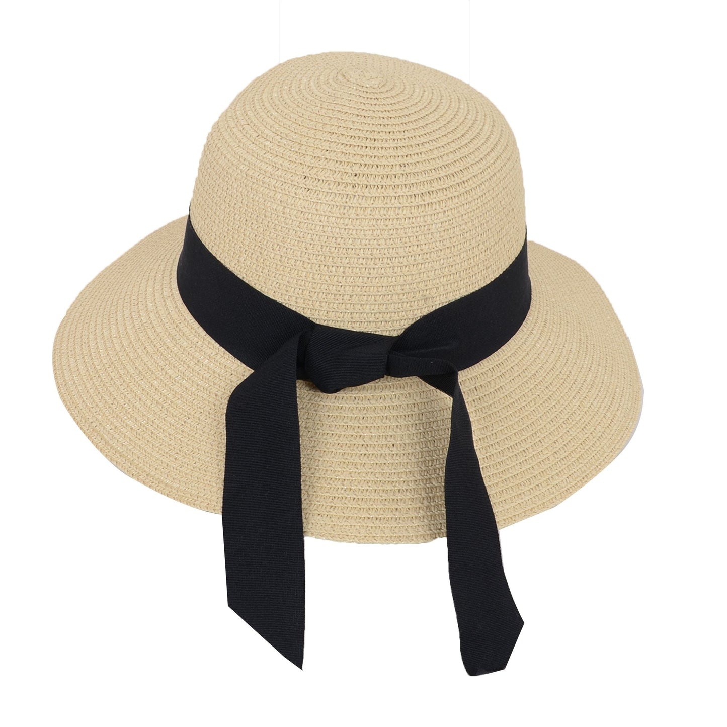 Anna-Kaci Wide Brim Straw Sun Hat with Black Ribbon Bow Adjustable Chin Strap Inner Sweatband for Outdoor and Travel Use