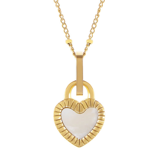 Women's Stainless Steel Necklace with 18K Gold Plated Heart Lock Pendant, Mother of Pearl Inlay, Adjustable Chain, Unique Design