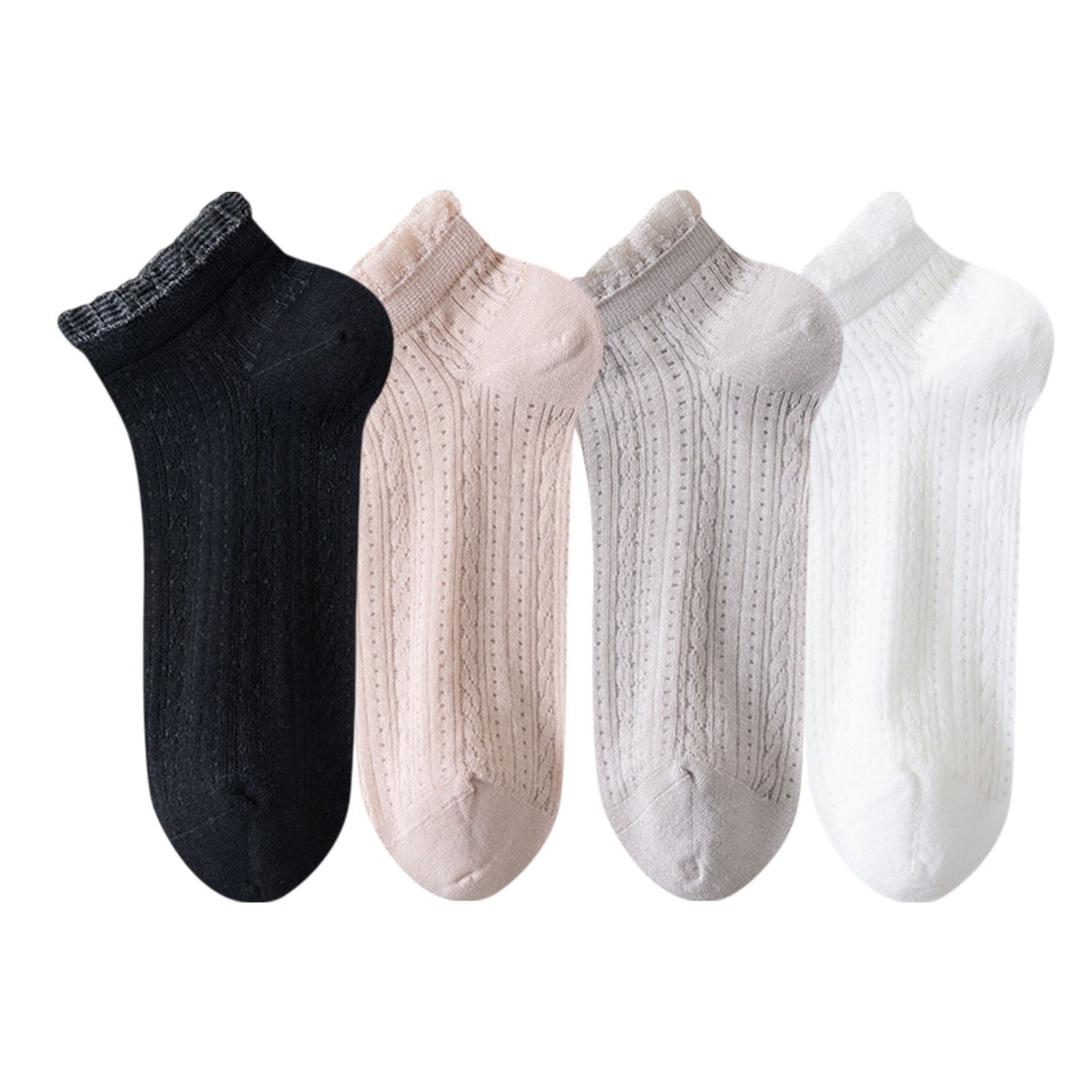 Anna-Kaci Women's 4-Pair Pack Breathable Lace Trim Ankle Socks with Open Knit Mesh Texture and Cotton Comfort