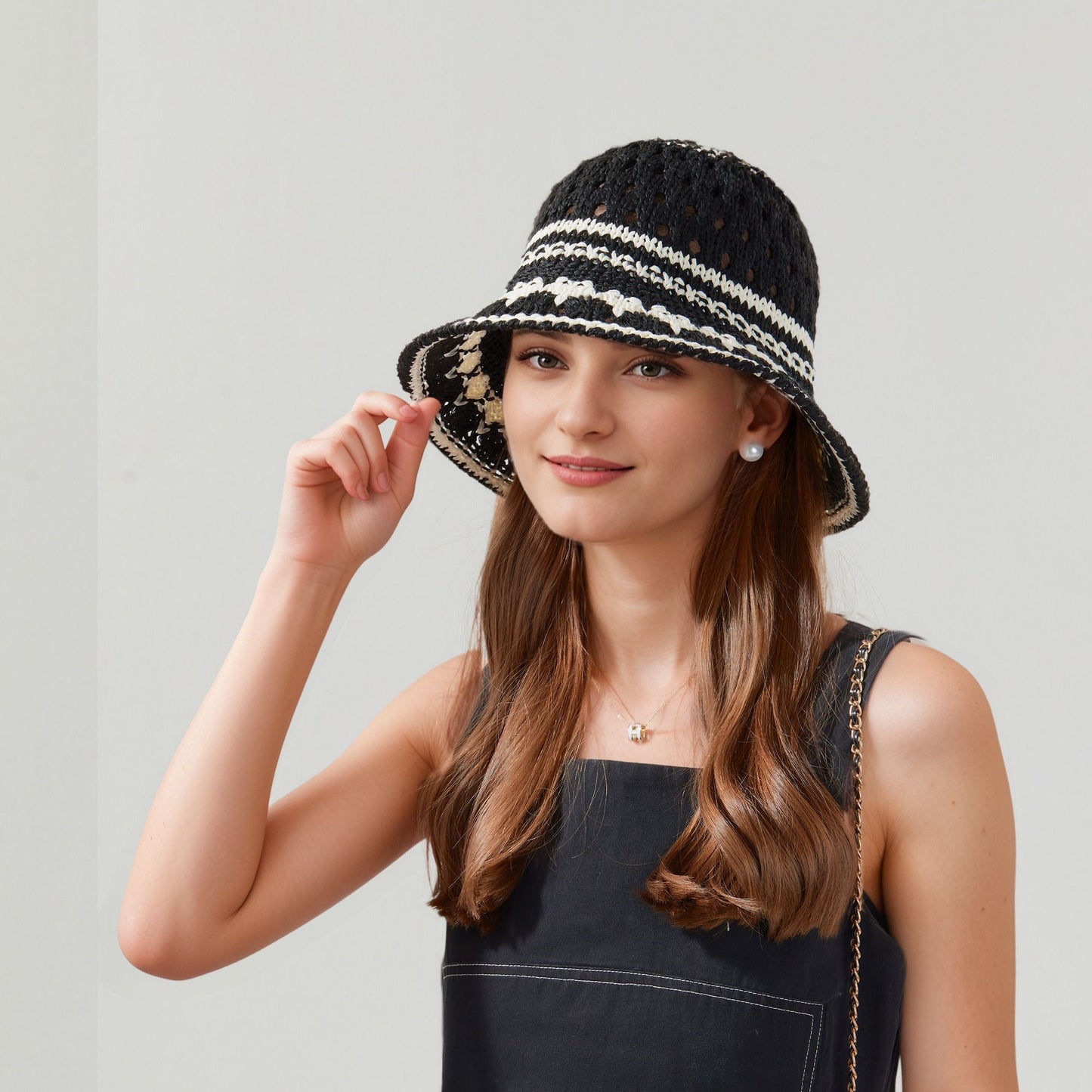 Anna-Kaci Crochet Knit Bucket Hat with Openwork Floral Pattern and Rolled Brim for Lightweight Summer Style